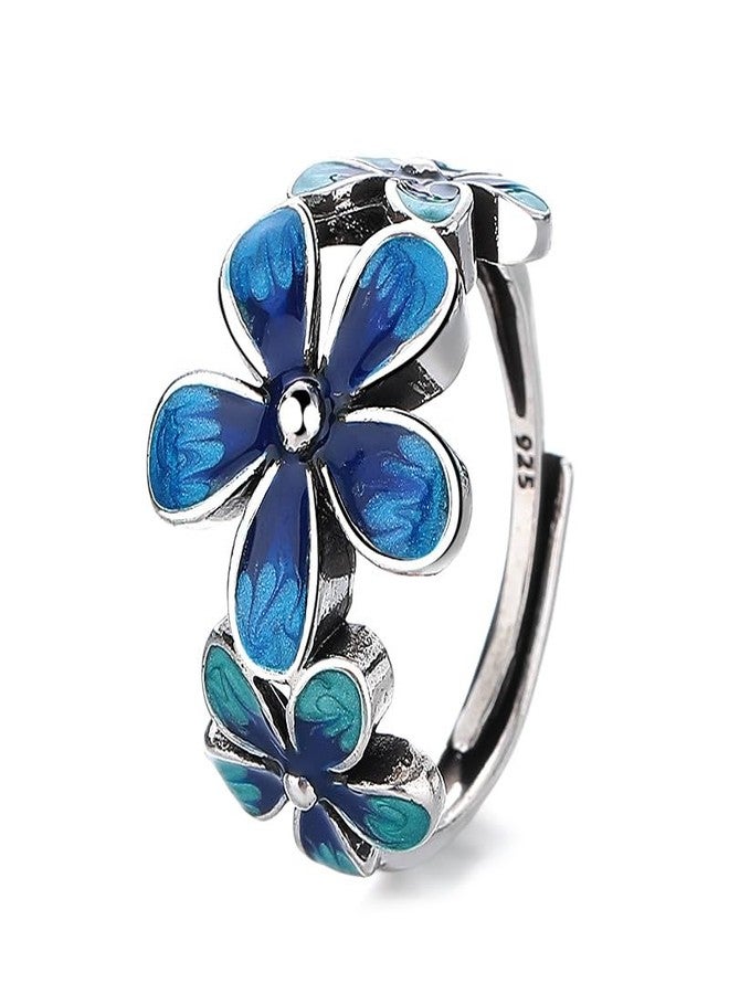 HAIXIAN Forget-Me-Not Flower Statement Ring, Silver Plated Enamel Band, Colorful Floral Design (Ring_A_blueblue, Adjustable) - Image 1